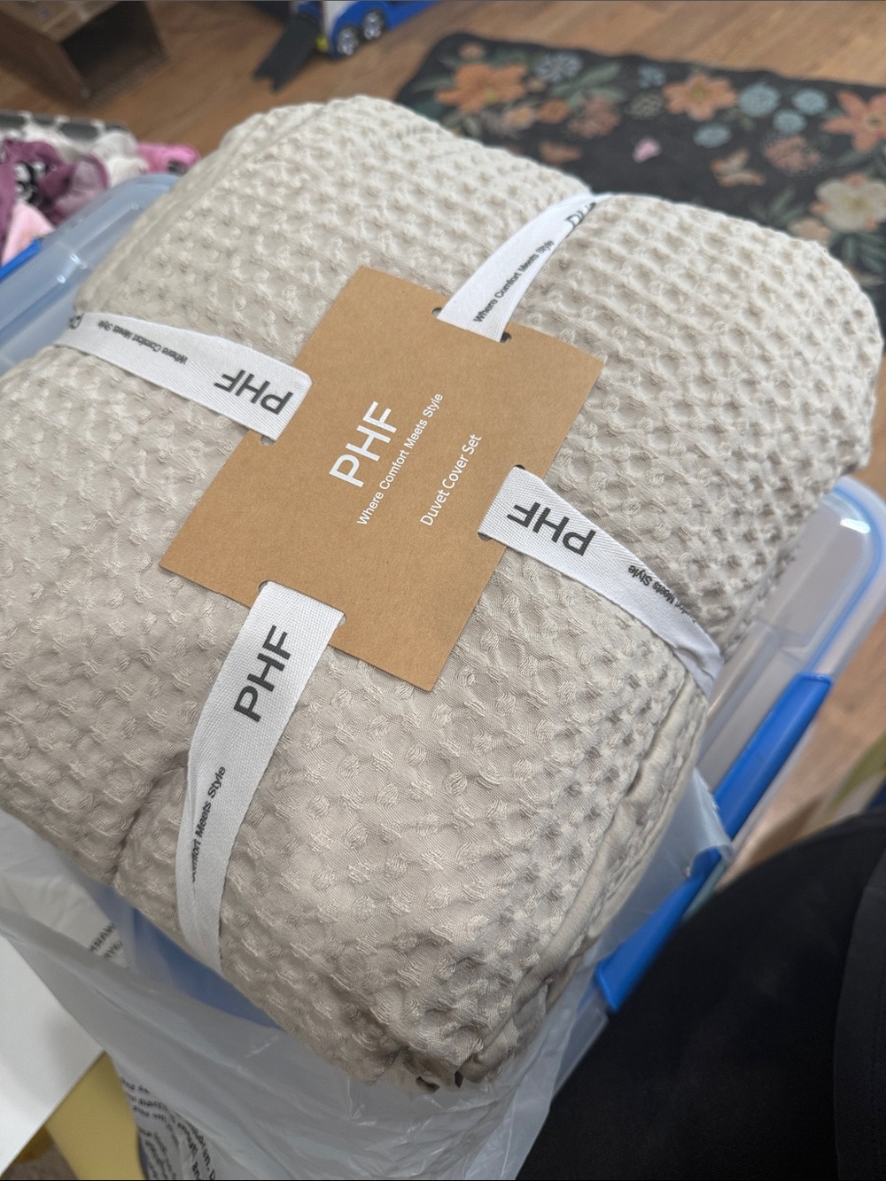 PHF Waffle Queens Size Duvet Cover Set in Linen